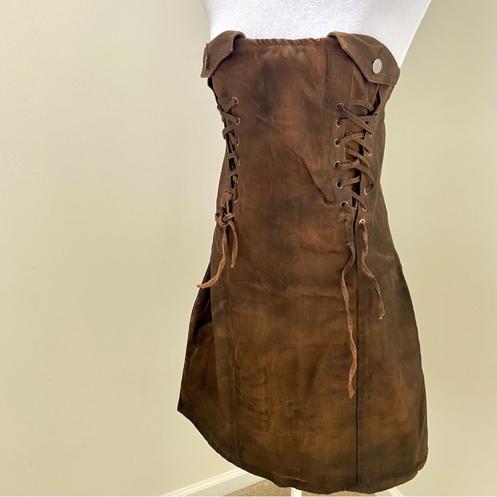 Fashion Nova XL Brown Denim Lace-Up Mini Corset Dress Grunge Punk Academia Goth